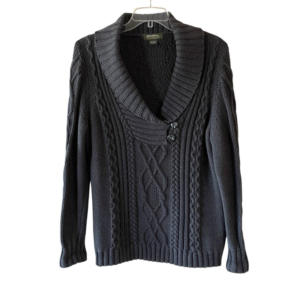 EDDIE BAUER Women Size XL Charcoal Gray Shawl Collar Pullover Cable Knit Sweater